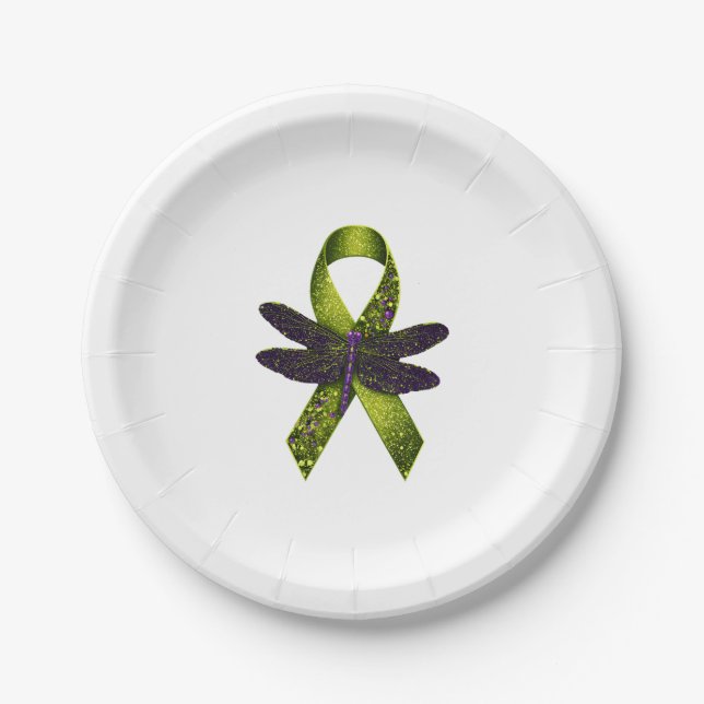 Hippie Dragonfly Green Ribbon Cerebral Palsy Aware Paper Plates (Front)