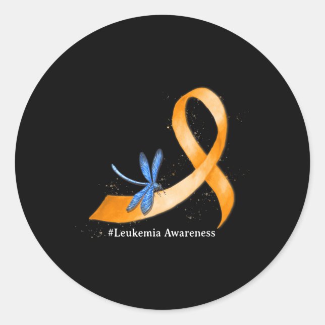 Hippie Dragonfly Orange Ribbon Leukemia Awareness  Classic Round Sticker (Front)