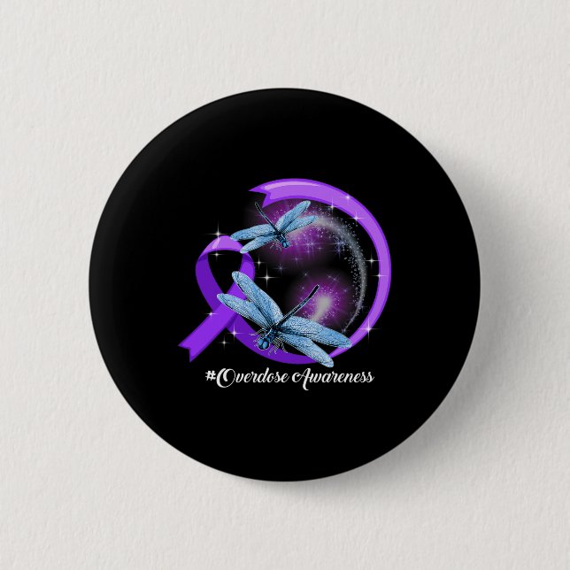 Hippie Dragonfly Purple Ribbon Overdose Awareness  Button (Front)