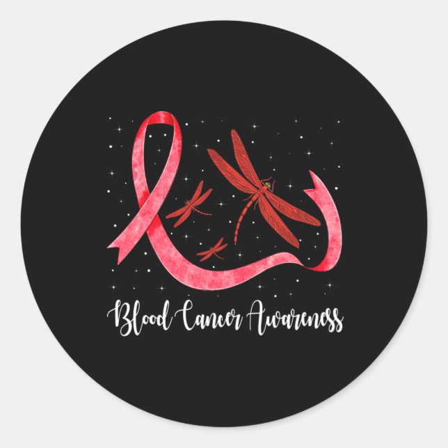 Hippie Dragonfly Red Ribbon Blood Cancer Awareness Classic Round Sticker (Front)