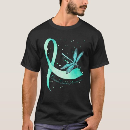 Hippie Dragonfly Teal Ribbon Ovarian Cancer Awaren T_Shirt