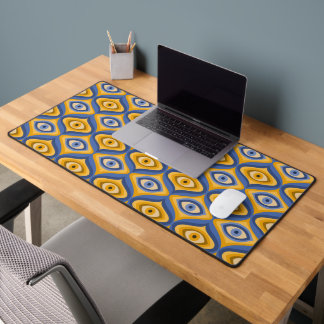 Hippie eye pattern quirky blue yellow psychedelic desk mat