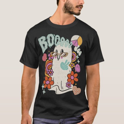 Hippie Floral Ghost BooJee Retro Rainbow Halloween T_Shirt