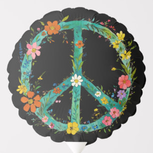 Hippie Floral Peace Sign On A Black Background Balloon