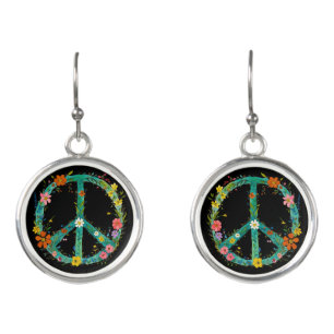 Hippie Floral Peace Sign On A Black Background Earrings