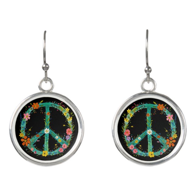 Hippie Floral Peace Sign On A Black Background Earrings (Front)