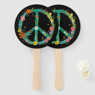 Hippie Floral Peace Sign On A Black Background Hand Fan