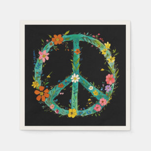 Hippie Floral Peace Sign On A Black Background Napkins