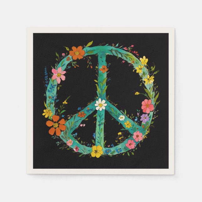 Hippie Floral Peace Sign On A Black Background Napkins (Front)