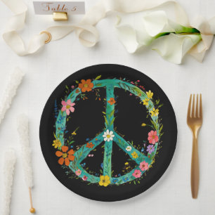Hippie Floral Peace Sign On A Black Background Paper Plates
