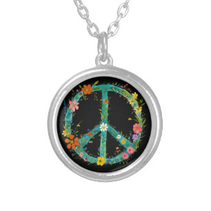 Hippie Floral Peace Sign On A Black Background Silver Plated Necklace
