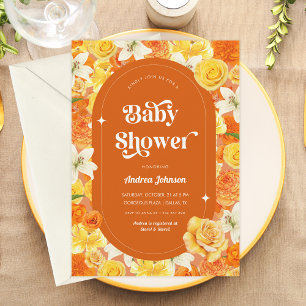 Hippie Floral Retro Groovy 70s Orange Baby Shower Invitation