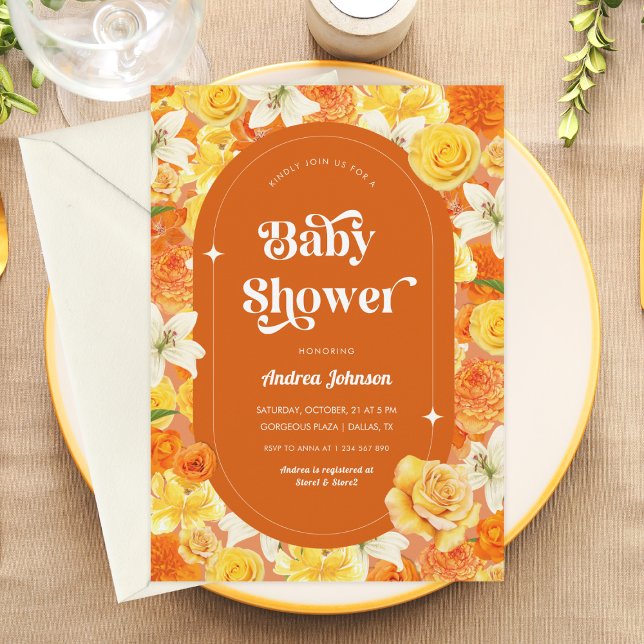 Hippie Floral Retro Groovy 70s Orange Baby Shower Invitation (Creator Uploaded)