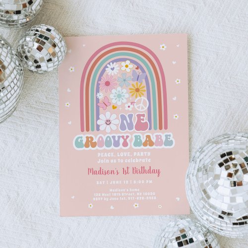 Hippie Flower 70s One Groovy Babe Birthday Invitation