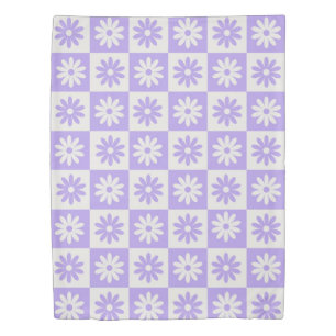 Hippie Flower Checkerboard Pattern Purple Duvet Cover