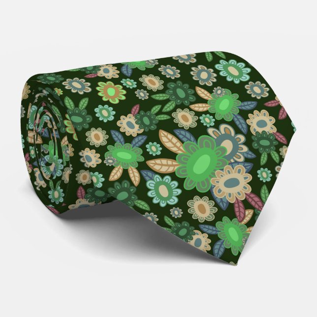 Hippie Flower Green Blooms  Neck Tie (Rolled)