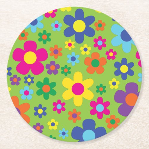 Hippie Flower Kids Birthday Party Round Paper Coaster