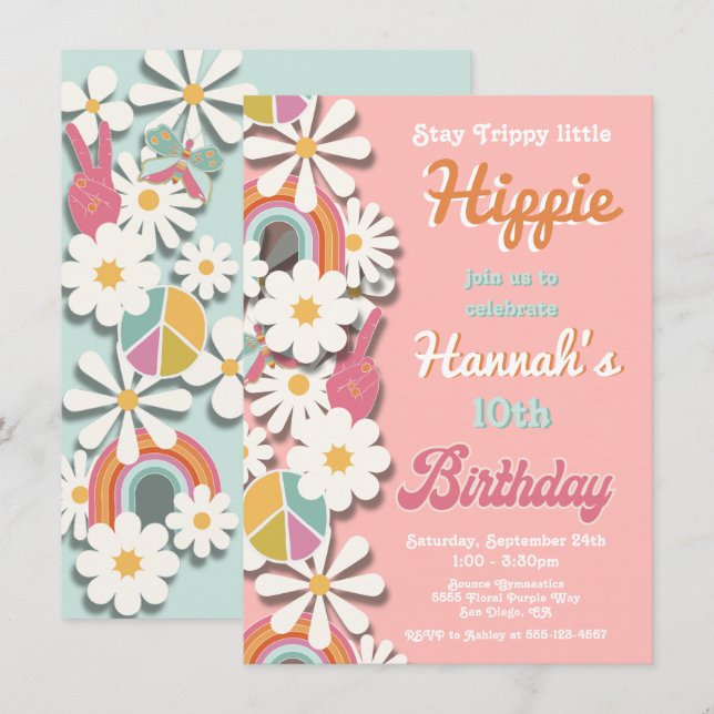 Hippie Flower Power 70s 60s Birthday Party Invitat Invitation (Front/Back)