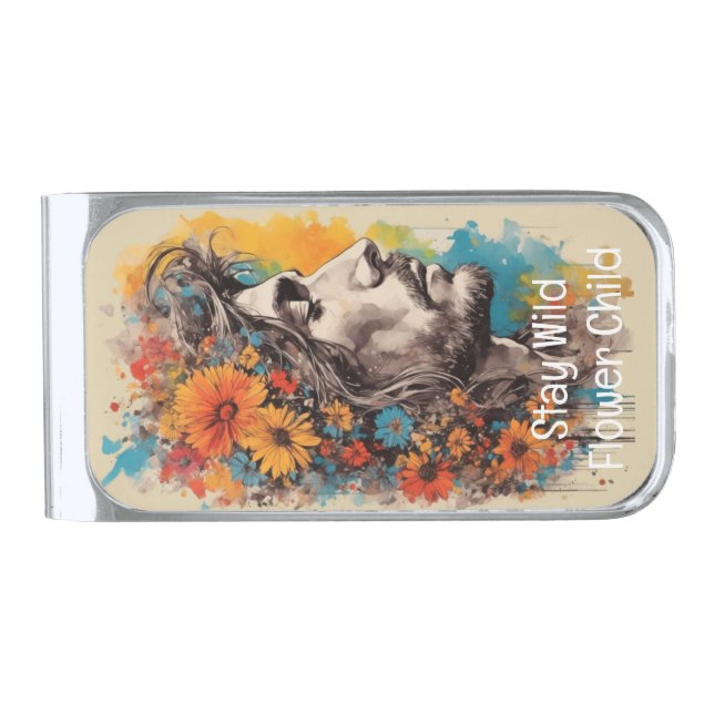 Hippie Flower Power Male Portrait Silver Finish Money Clip (Front)