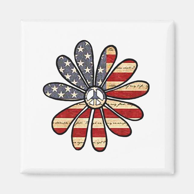 Hippie Flower Power Peace Sign American Flag Magnet (Front)
