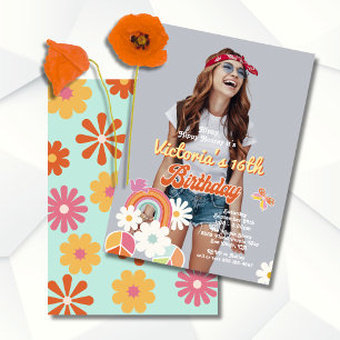 Hippie Flower Power Photo 70s 60s Birthday Party Invitation