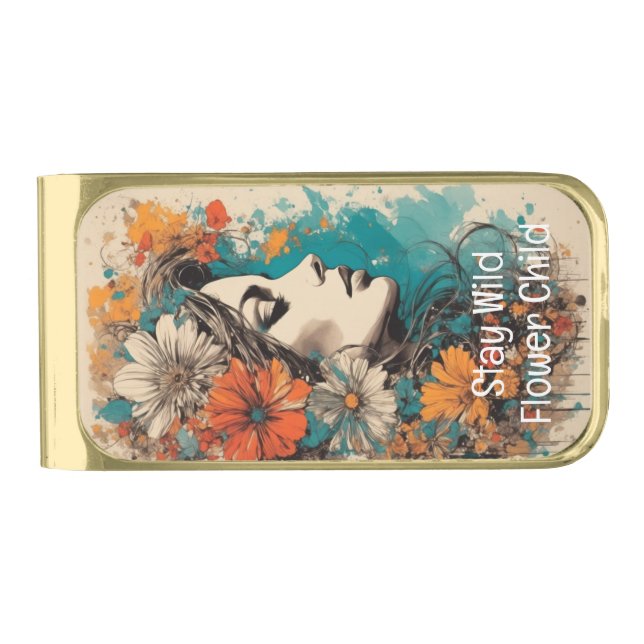 Hippie Flower Power Retro Woman Portrait Gold Finish Money Clip (Front)