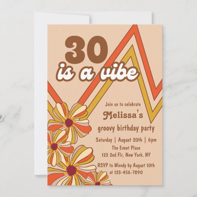 Hippie Flower Retro 70s Zigzag 30th Birthday Invitation (Front)