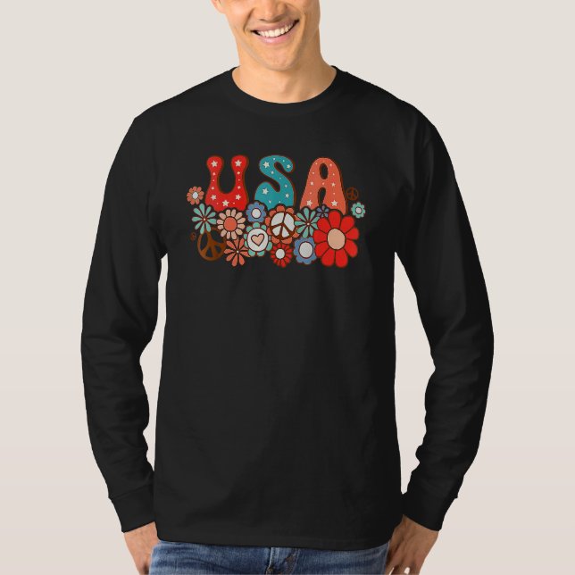 Hippie Flower USA American Flag Groovy 4th Of July T-Shirt (Front)