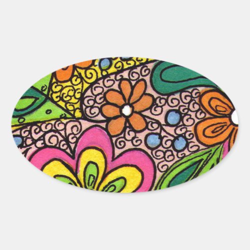 Hippie Flowers Design Oval Sticker