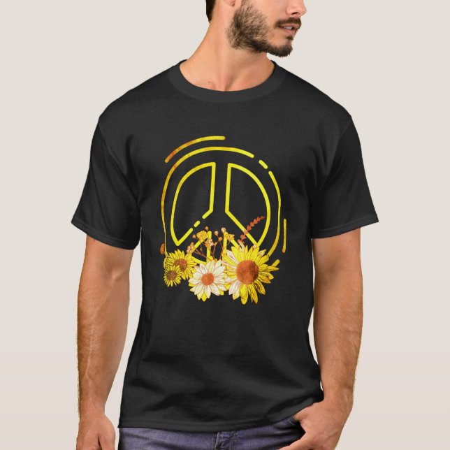 Hippie Flowers Peace Sign Retro Sunflowers Girl Wo T-Shirt (Front)