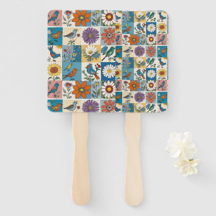 Hippie Folk Art Floral Patchwork With Birds Hand Fan