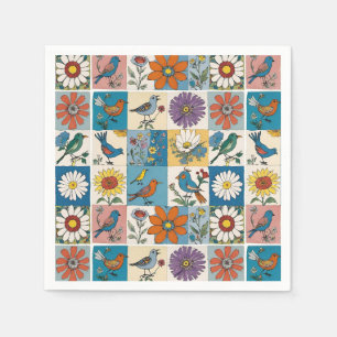 Hippie Folk Art Floral Patchwork With Birds Napkins