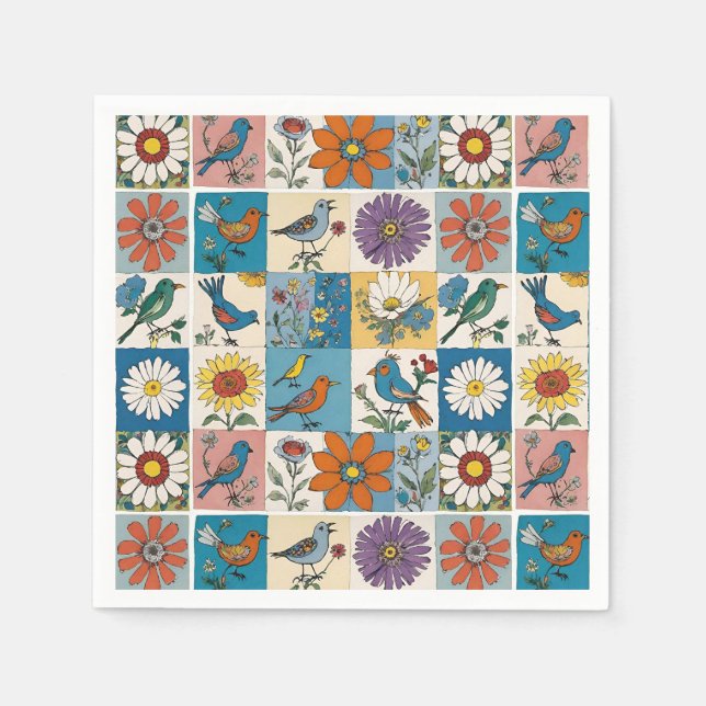 Hippie Folk Art Floral Patchwork With Birds Napkins (Front)
