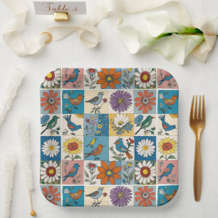 Hippie Folk Art Floral Patchwork With Birds Paper Plates
