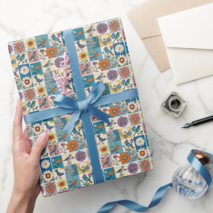 Hippie Folk Art Floral Patchwork With Birds Wrapping Paper