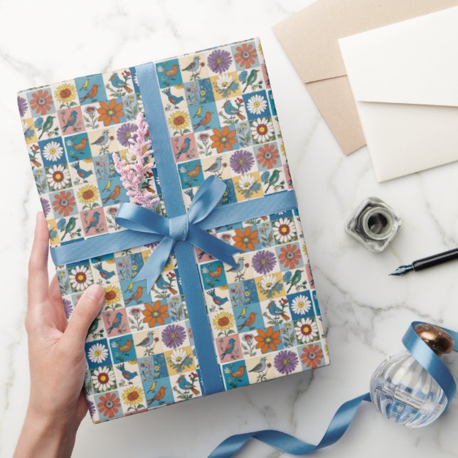 Hippie Folk Art Floral Patchwork With Birds Wrapping Paper (Gifting)