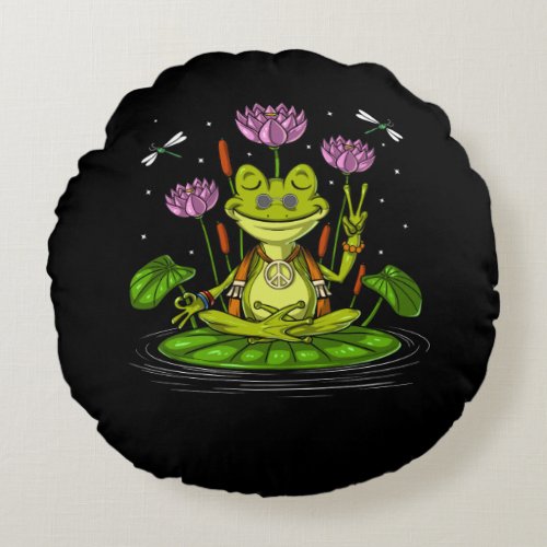 Hippie Frog Meditation Round Pillow