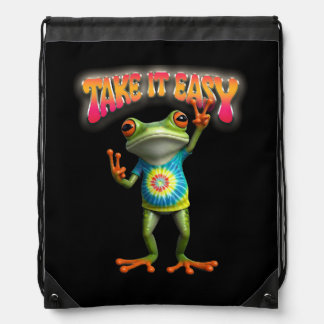 Hippie Frog Take it Easy Fun Colorful Drawstring Bag