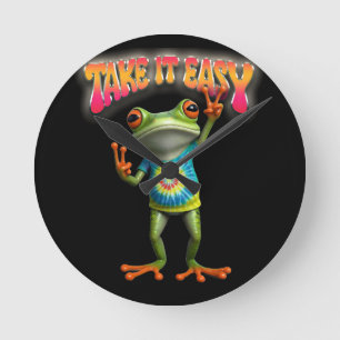 Hippie Frog Take it Easy Fun Colorful Round Clock
