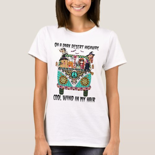 Hippie Girl And Dogs Witch On A Dark Desert T_Shirt