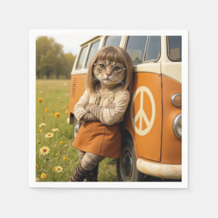 Hippie Girl Cat Leaning On a Retro Van Napkins