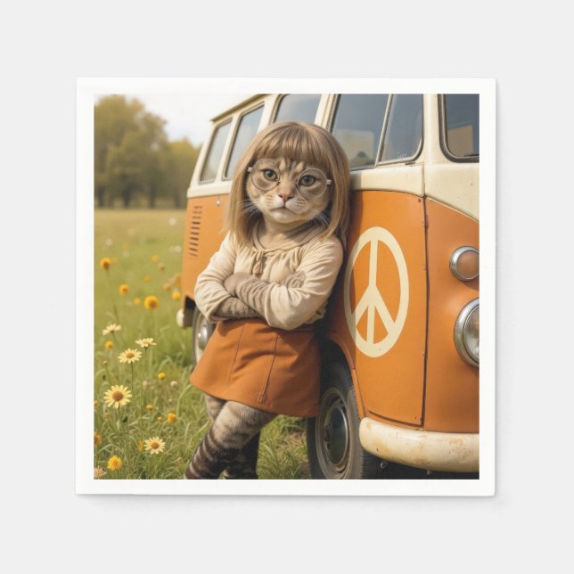 Hippie Girl Cat Leaning On a Retro Van Napkins (Front)