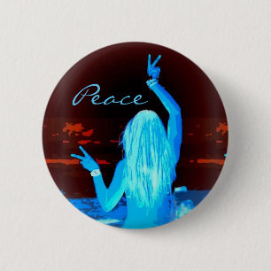 hippie girl flashing peace sign blue pinback button