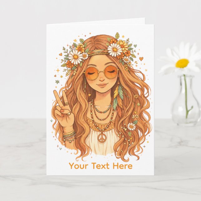 Hippie Girl Giving a Peace Gesture Blank Art Card (Small Plant)