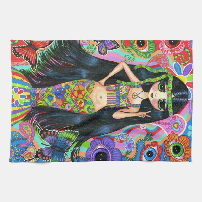 Hippie Girl Mermaid Flashing Peace Sign Kitchen Towel (Horizontal)