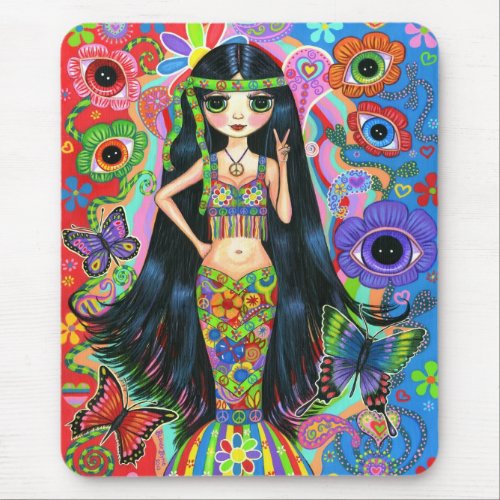 Hippie Girl Mermaid Psychedelic Colorful Sixties Mouse Pad
