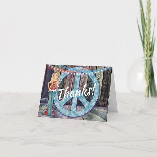 Hippie Girl Peace Sign and String Lights Thanks Thank You Card