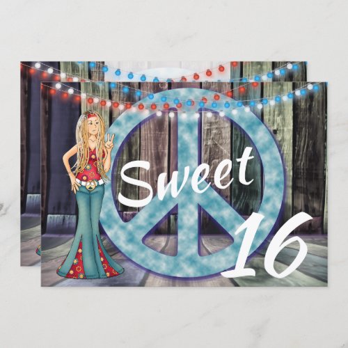 Hippie Girl Peace Sign Lights Sweet 16 Birthday Invitation