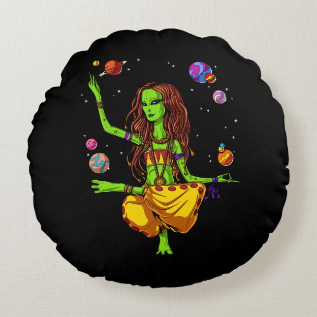 Hippie Girl Space Alien Zen Yoga Meditation Round Pillow (Front)