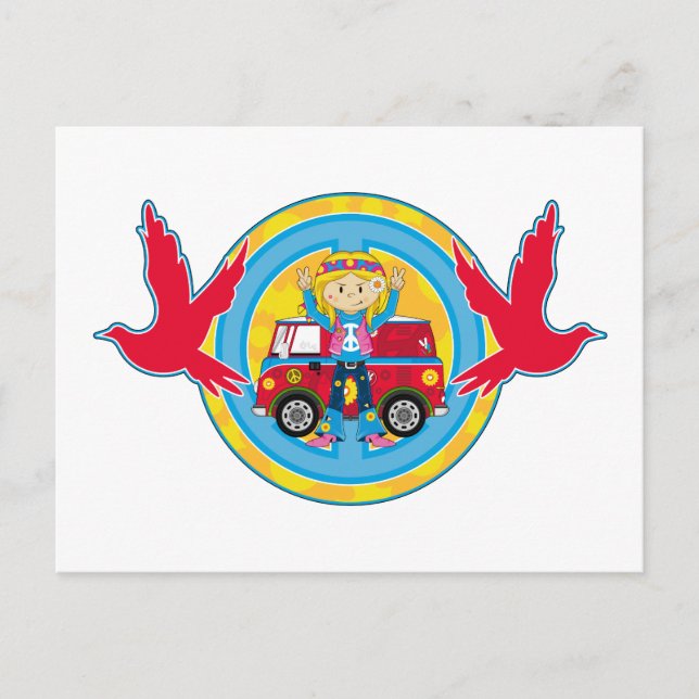Hippie Girl with Camper Van & Doves Postcard (Front)